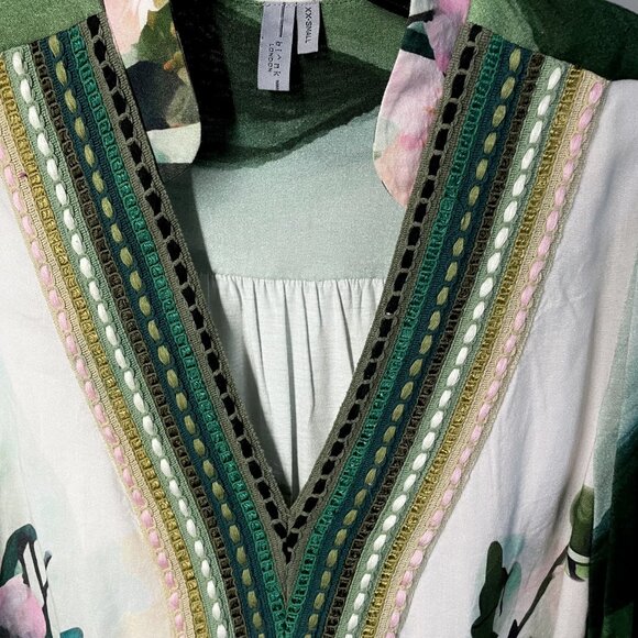 Anthropologie Bl^Nk London Stephanie Top Size XXS Green Floral V Neck Blouse 2 - Picture 6 of 15